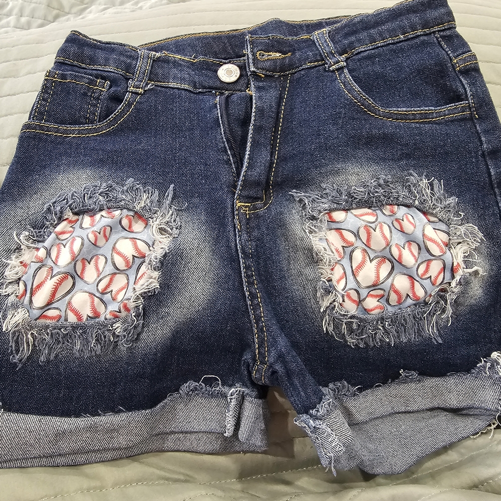 Girls' Dark Blue Denim Shorts with Baseball Patch